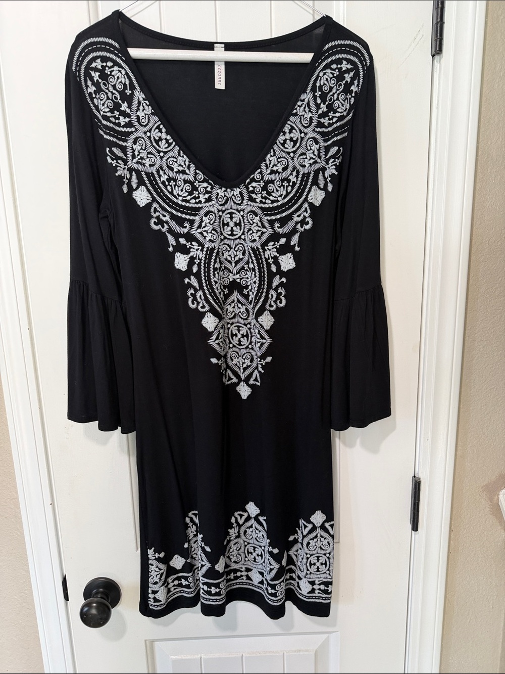 cezanne Black Dress with White Embroidered Pattern